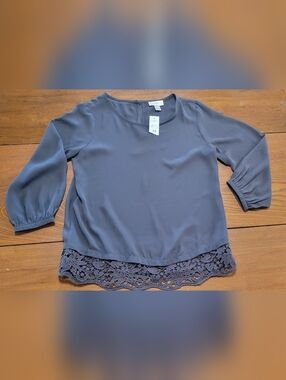 LOFT Charcoal Gray Lace-Hem Blouse